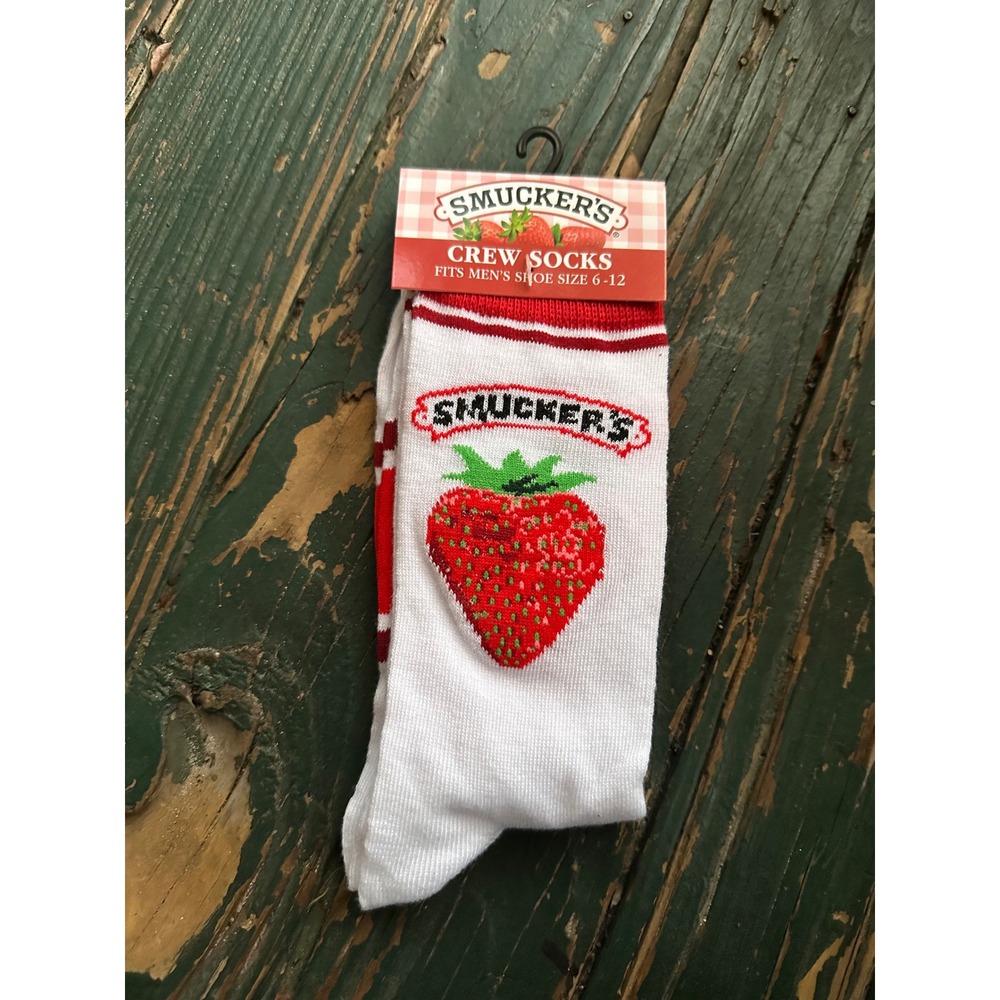 Smucker's Strawberry Jam Crew Socks Mens Shoe Size 6-12 White Red Novelty Food